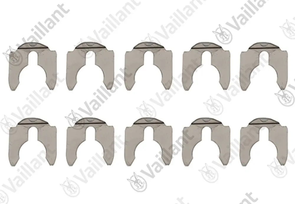 Zehn VAILLANT Clips in einer Reihe. Die Clips haben eine spezifische Form mit öffnenden und schließenden Bereichen, typischerweise für Installationen in Heizungssystemen.